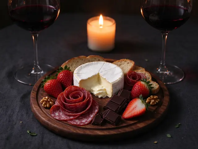 Charcuterie platter with brie, salami, strawberries, chocolate, red wine glasses, and a lit candle on a dark table