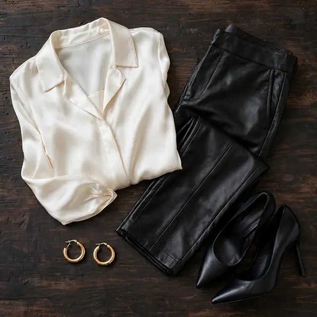 Overhead flat lay of a date night outfit arranged on a dark wooden surface