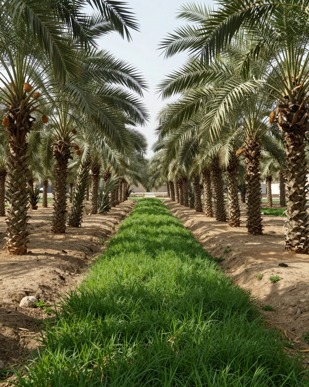 Rows of date palm trees frame a lush green crop strip under bright soft morning light.