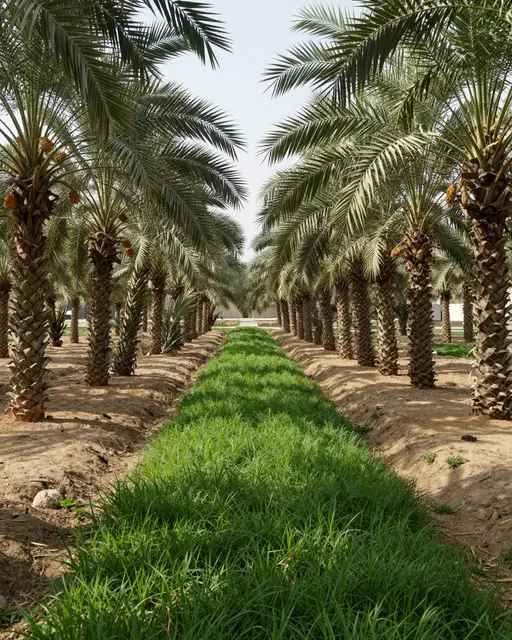 Rows of date palm trees frame a lush green crop strip under bright soft morning light.