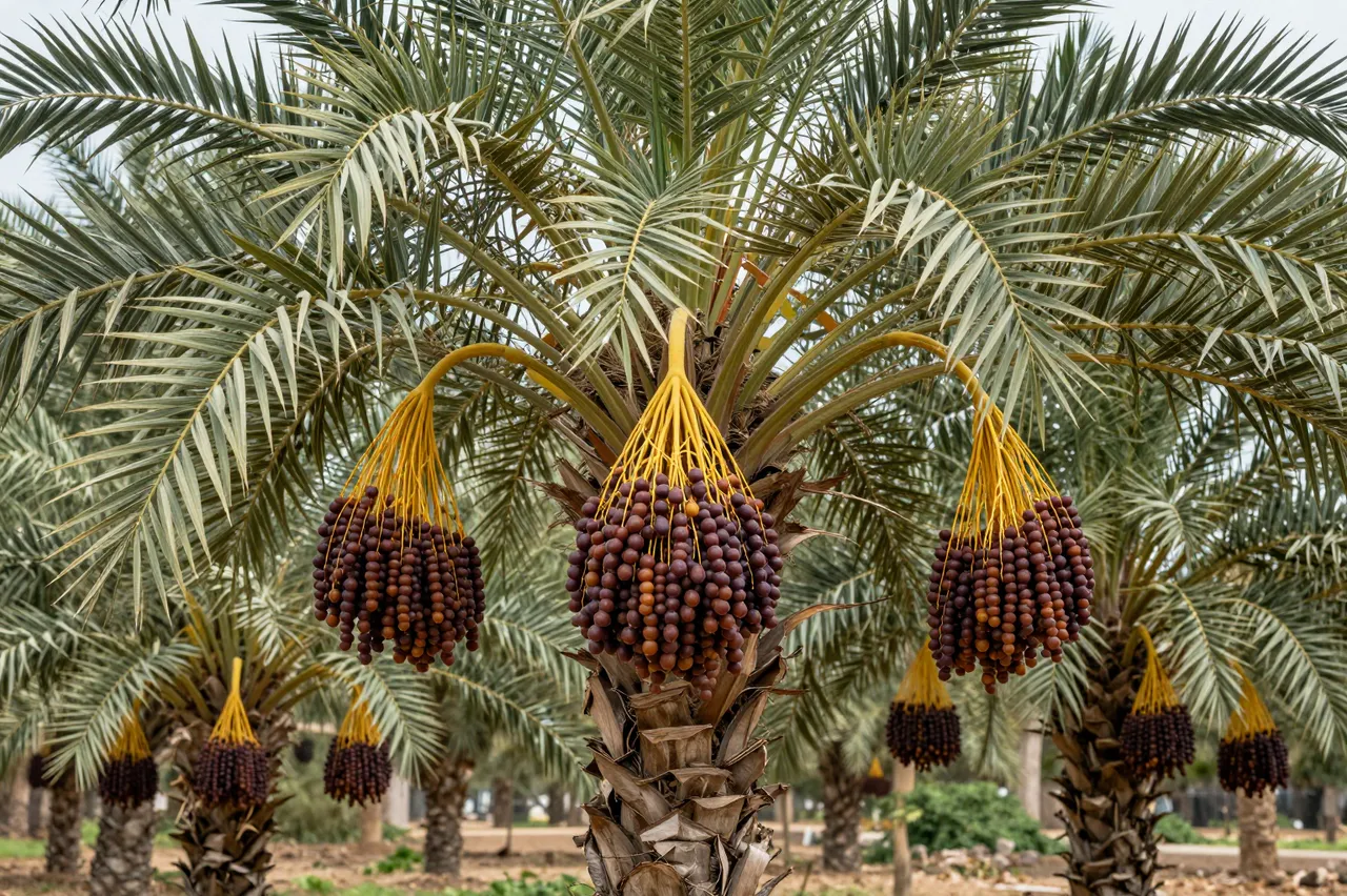 Close view of ripe hanging date clusters on rows of cultivated date palm trees in an orchard