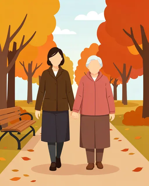 Faceless adult daughter and elderly mother hold hands while walking along an autumn park path