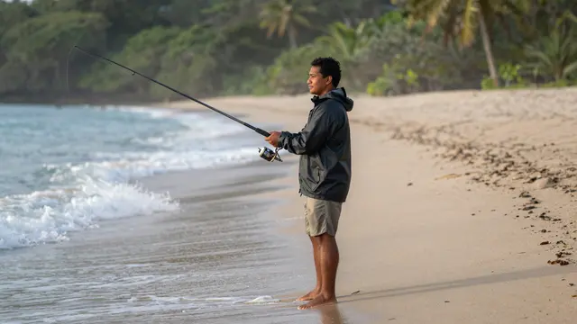 A Pacific Islander man in a rain jacket surf fishes from a sandy empty beach at early dawn