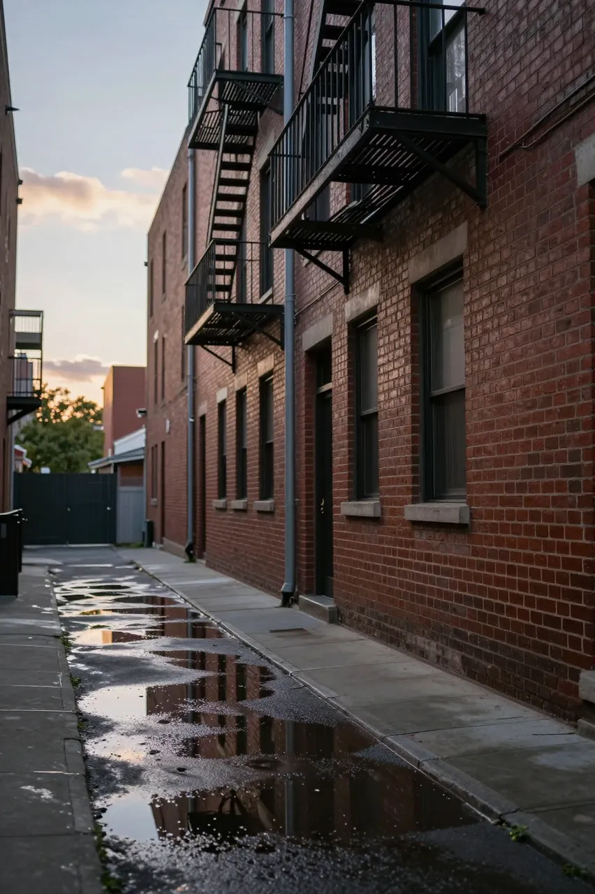 Red brick city alley with iron fire escapes, puddles reflecting the soft dawn sky