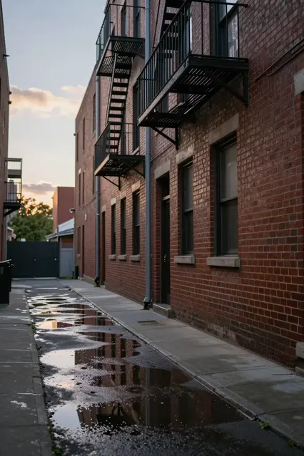 Red brick city alley with iron fire escapes, puddles reflecting the soft dawn sky