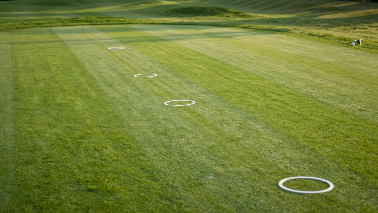 White croquet hoops line a neatly mown grass lawn under soft early morning light