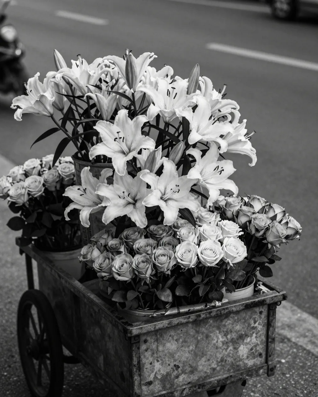 Black and white close-up of a weathered street cart loaded with lilies and roses on a quiet dawn street corner