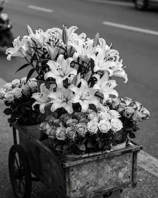 Black and white close-up of a weathered street cart loaded with lilies and roses on a quiet dawn street corner