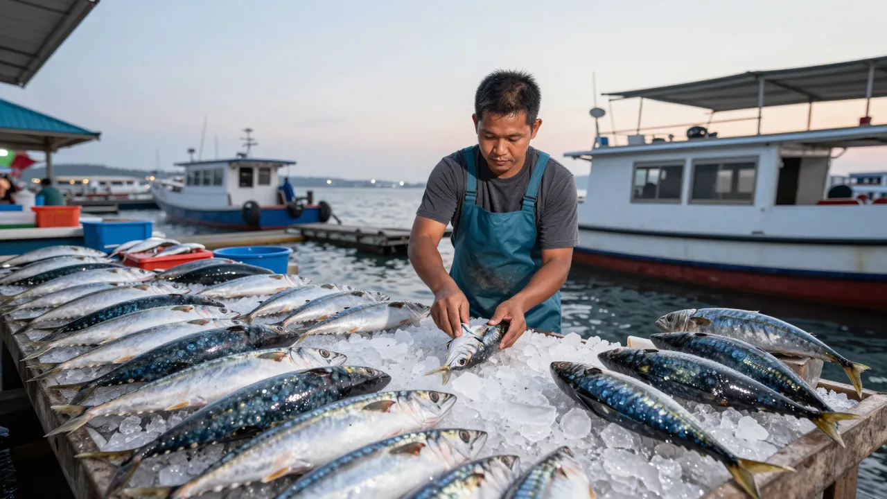 Southeast Asian fishmonger arranges fresh mackerel on ice at a harbor market at dawn