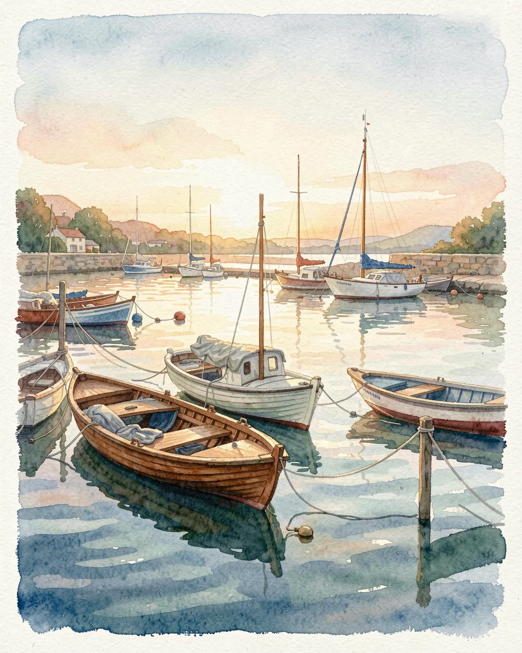Watercolor painting of small wooden boats moored in a calm quiet harbor at soft dawn light