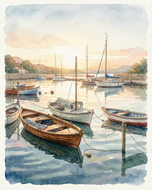 Watercolor painting of small wooden boats moored in a calm quiet harbor at soft dawn light