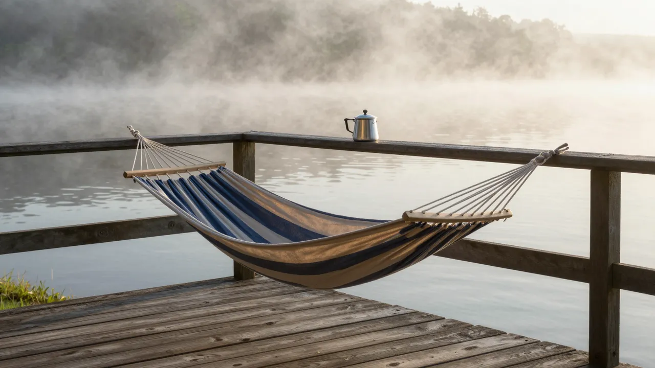 Striped empty hammock and metal coffee pot on a wooden lake deck with drifting morning mist over the water