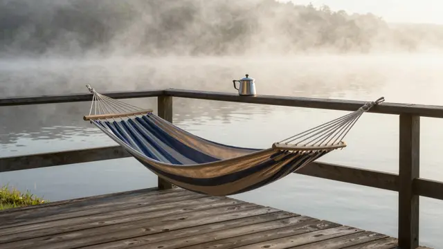 Striped empty hammock and metal coffee pot on a wooden lake deck with drifting morning mist over the water