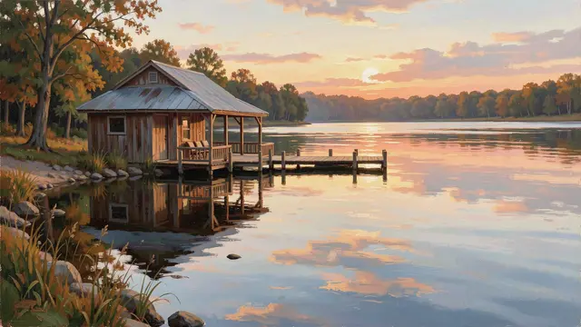 Plein air oil painting of a wooden lakeside boathouse with still water reflections at warm sunrise dawn