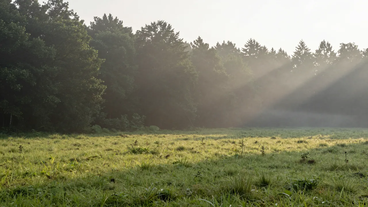 Sunbeams cut through lifting mist over a grassy meadow at the edge of a forest at dawn