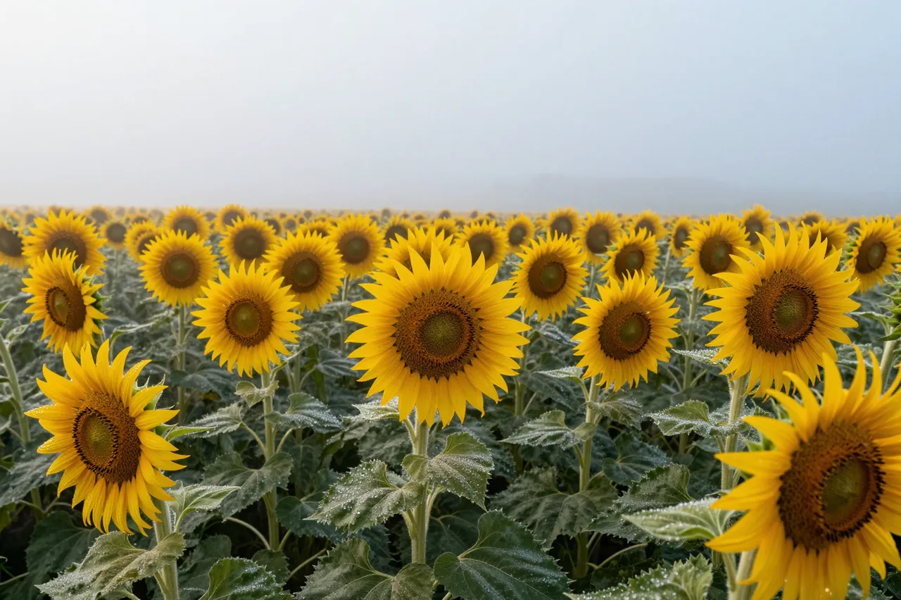 Rows of sunflower heads glisten with dew in a low foggy field at early dawn
