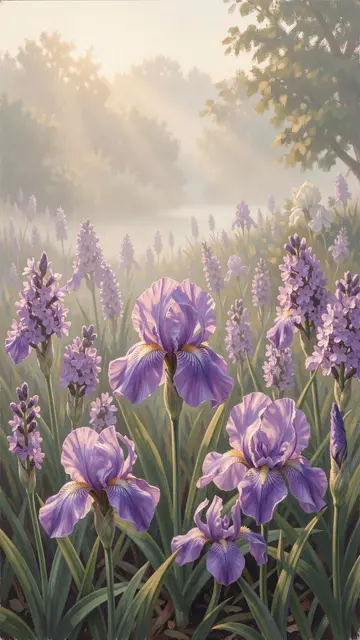 Purple irises and lavender blooms stand in a misty garden lit by soft dawn light
