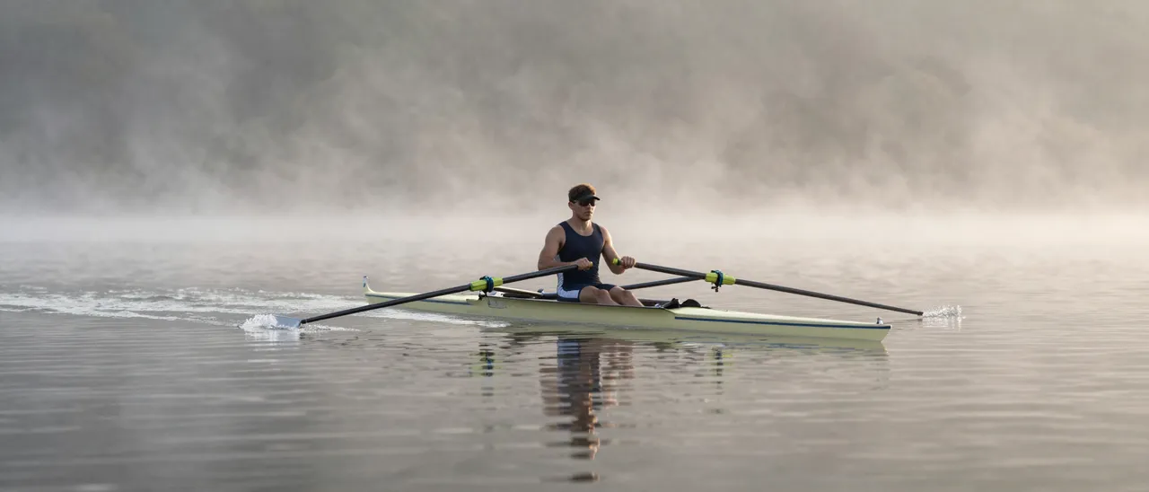 An adult single sculler rows a racing shell across calm misty lake water at sunrise