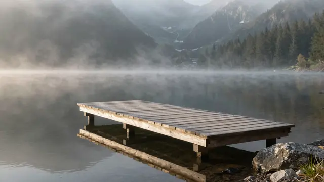 A small wooden swimming platform rests on a calm misty mountain lake at early dawn
