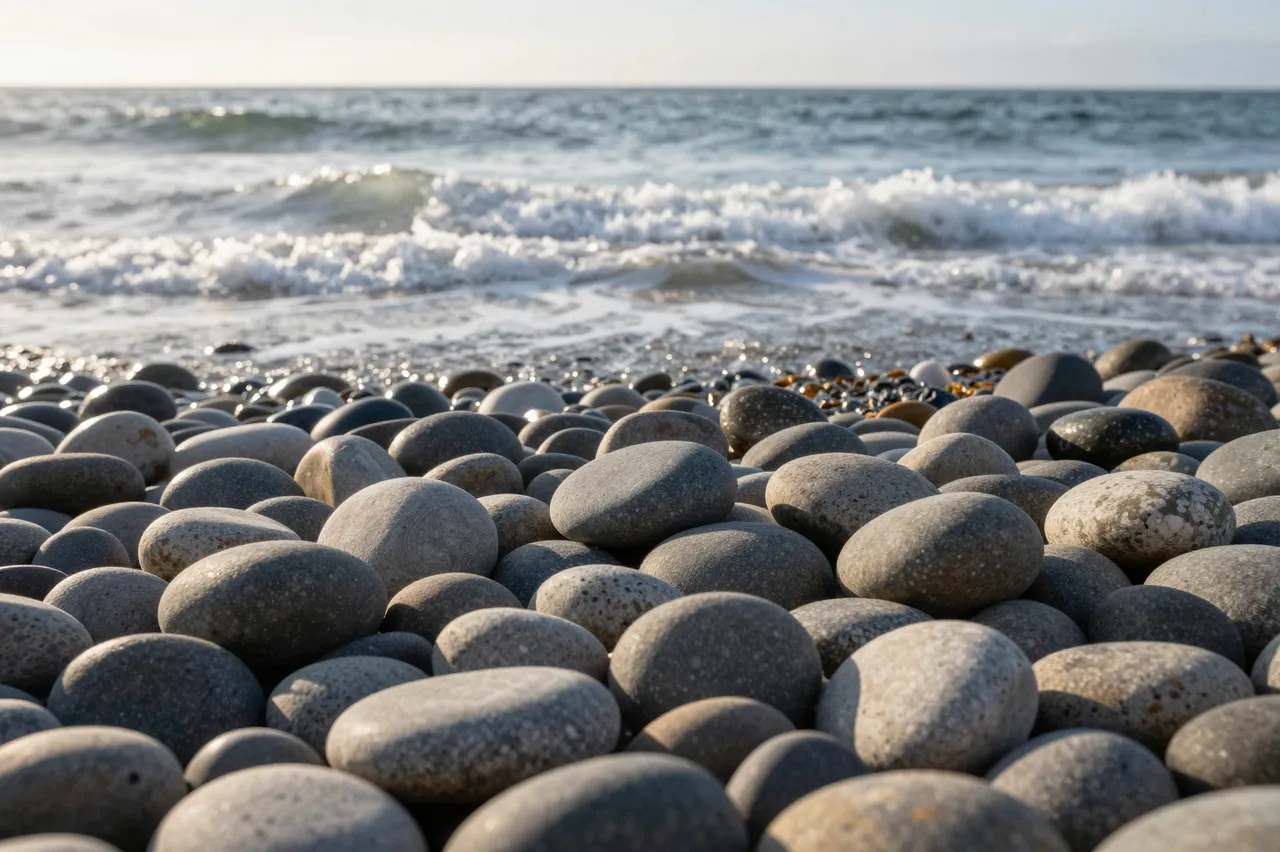 Smooth rounded pebbles line the shore as soft gentle ocean waves roll in at dawn