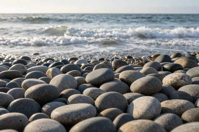 Smooth rounded pebbles line the shore as soft gentle ocean waves roll in at dawn