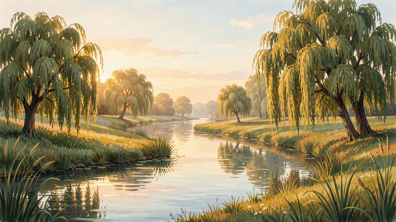 Gouache illustration of a quiet curving river lined with willow trees during soft golden dawn