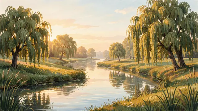 Gouache illustration of a quiet curving river lined with willow trees during soft golden dawn