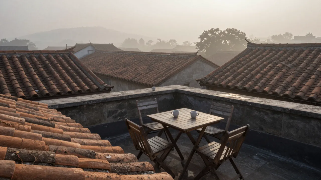 Wooden rooftop table with two cups overlooks misty old clay tile roofs at early dawn
