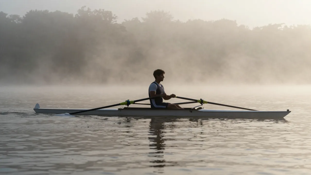 A rower sits in a narrow scull boat on a misty river at early dawn