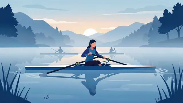 Faceless woman rows a single scull on a calm misty lake at sunrise, with other rowers in the background.