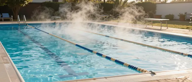 Steam rises from an empty outdoor lane swimming pool at warm golden dawn