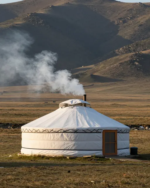 A single white felt yurt with rising chimney smoke sits in a grassy steppe valley at dawn
