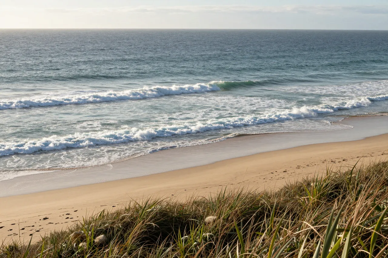 Lines of clean ocean swell roll onto an empty sandy beach viewed from a grassy coastal dune at dawn