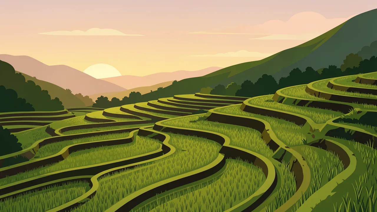 Winding terraced rice fields step down green hills under a soft dawn sky with rising sun
