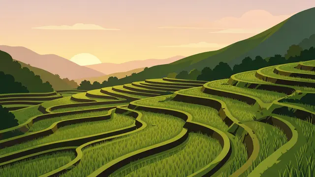 Winding terraced rice fields step down green hills under a soft dawn sky with rising sun