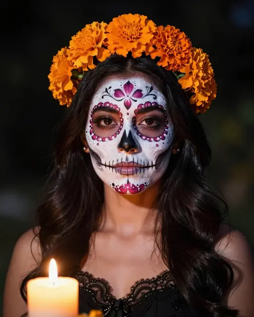 Woman with sugar skull face paint and marigold flower crown sits by a lit candle at night