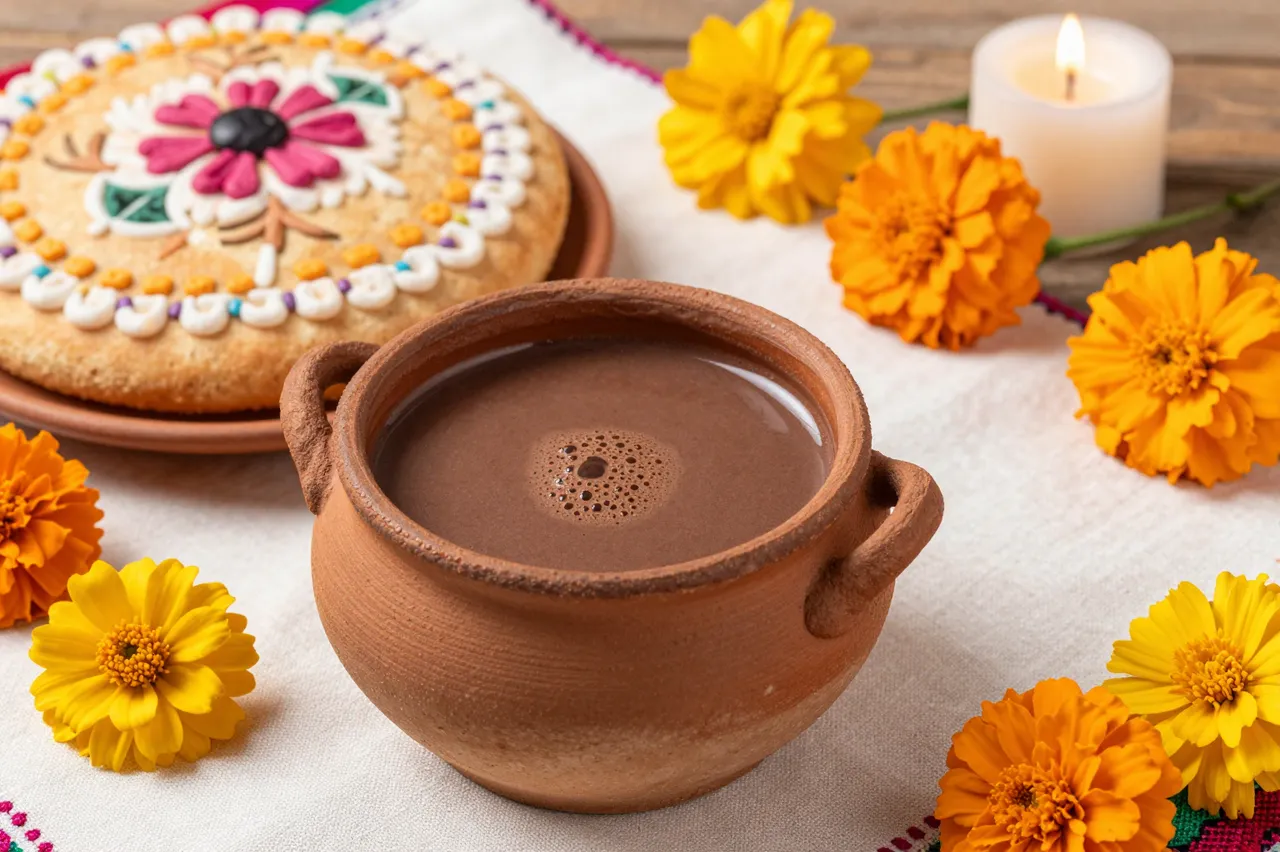 Clay pot of hot chocolate, decorated pan de muerto, marigolds, and a lit candle sit on an embroidered cloth over wood.