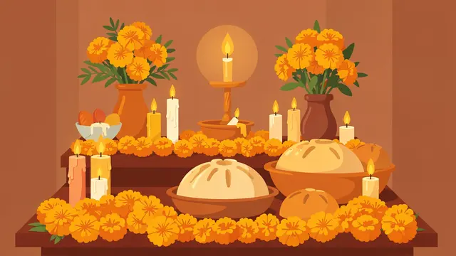Flat vector illustration of a layered ofrenda altar decorated with marigolds, lit candles and pan de muerto.