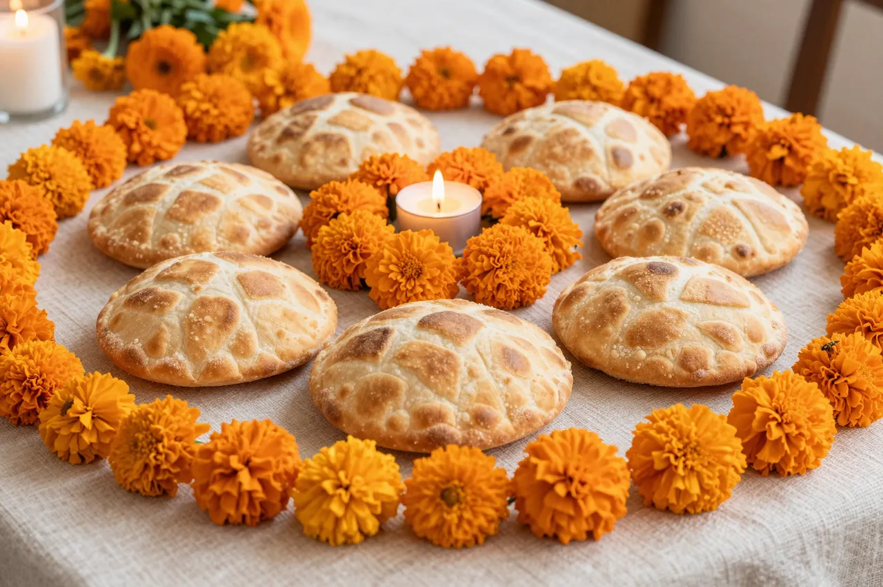 A woven cloth table holds pan de muerto, glowing candles, and a ring of orange marigolds for a Día de los Muertos ofrenda.
