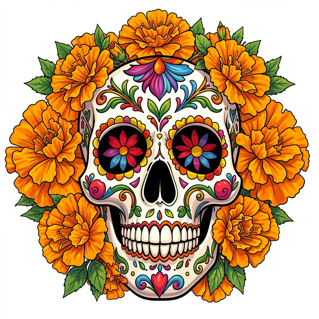 Decorative illustrated sugar skull surrounded by bright orange marigold flowers on a plain white background