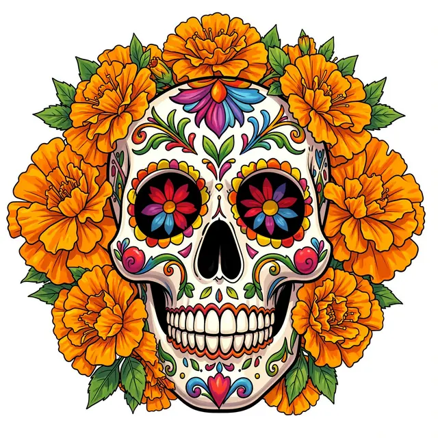 Decorative illustrated sugar skull surrounded by bright orange marigold flowers on a plain white background