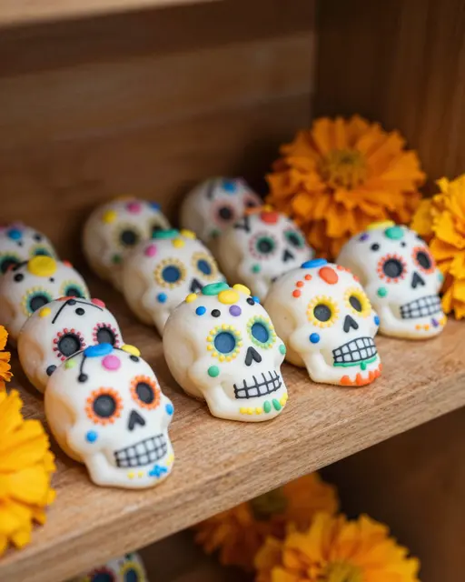 Colorfully decorated sugar skull candies arranged with marigolds on a wooden shelf