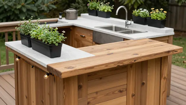 Built-in teak and stone outdoor kitchen with herb planters and string lights on a backyard deck