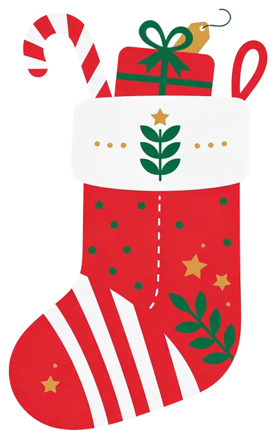 Flat vector Christmas stocking filled with a candy cane and small wrapped gift