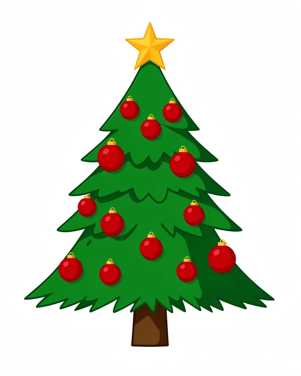 Flat illustration of a green Christmas tree with red baubles and a gold star, isolated on white