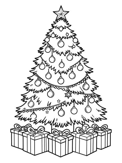 Black and white line art of a decorated Christmas tree with wrapped gifts below on a plain white background