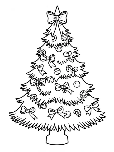 Black and white line art of a Christmas tree trimmed with candy canes, bows and sweets on a white background