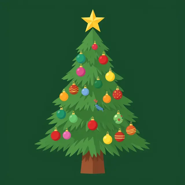 Flat style illustrated Christmas tree with colorful ornaments and a golden star on a dark green background