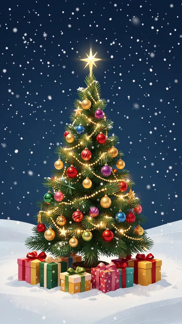 Lit decorated Christmas tree with gift boxes stands on snow under falling snow at night