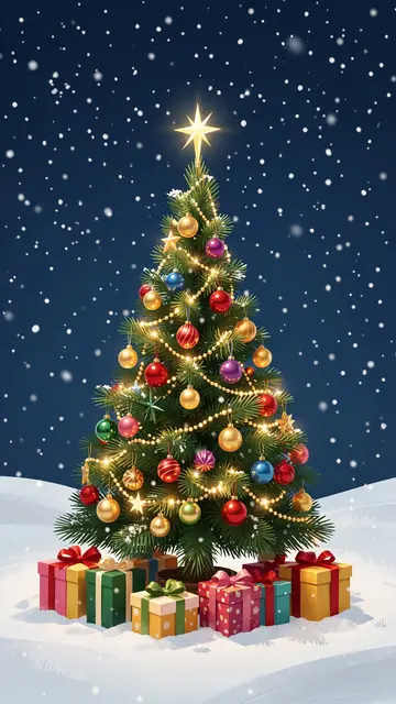 Lit decorated Christmas tree with gift boxes stands on snow under falling snow at night